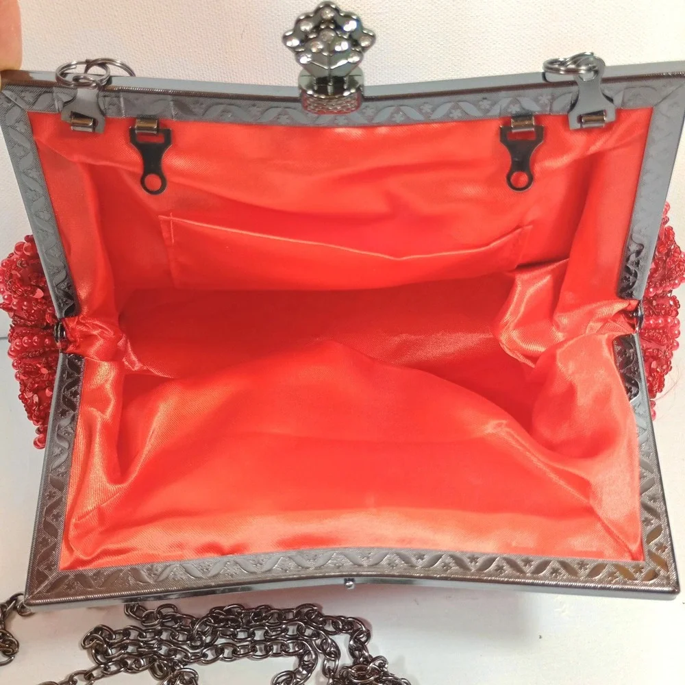 Red Beaded Sequin Evening Clutch Bag Gunmetal Hardware Floral Vintage Style